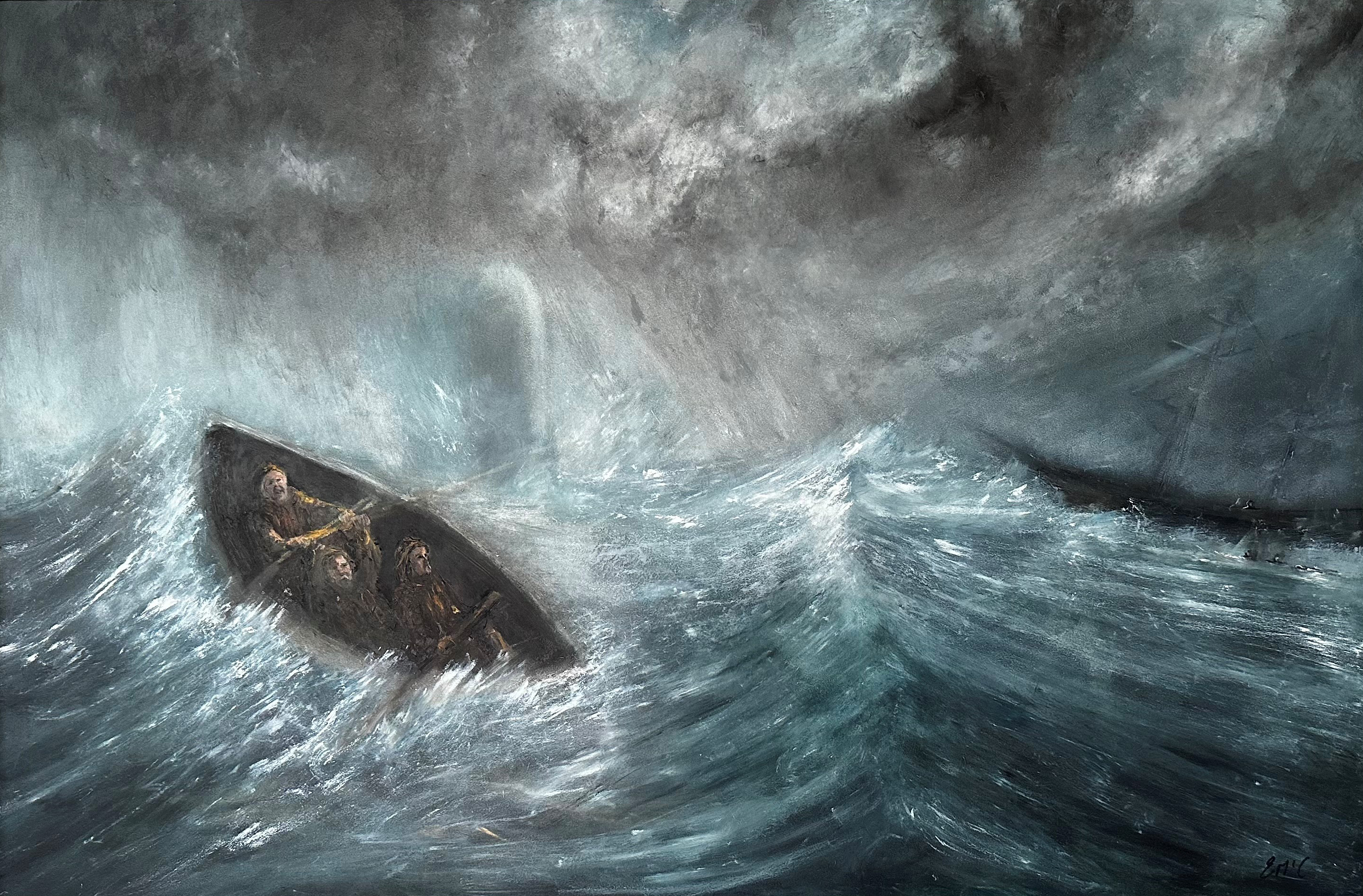 close up of painting of old pilot boat in storm